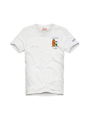 Mc2 Saint Barth T-Shirt Bianca Stampa con Stampa Snoopy e Ricamo St. Barth Surfer