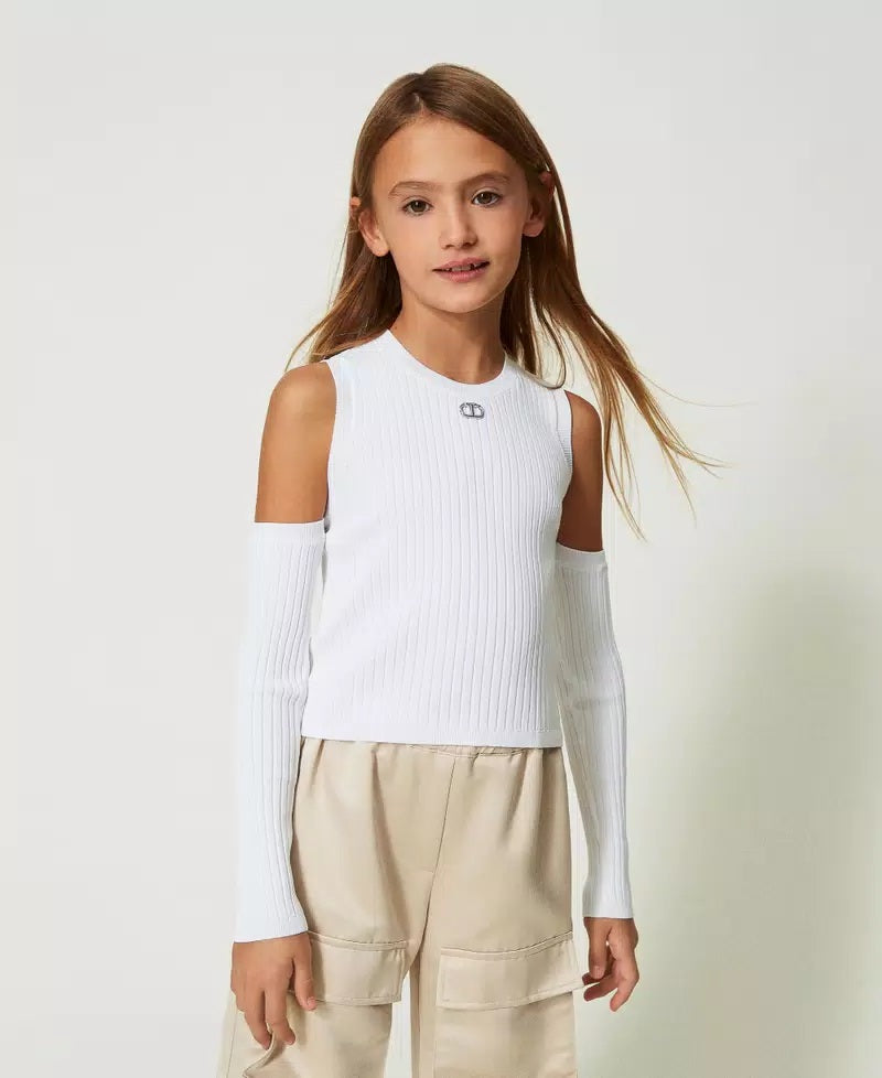 TWINSET Top Bianco a Costine con Manicotti Staccabili