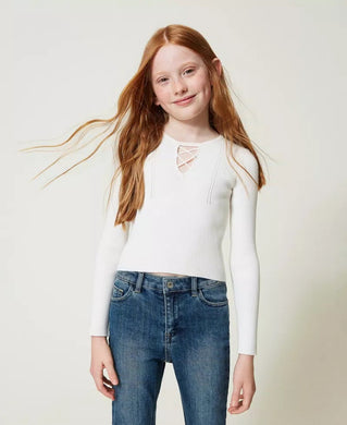 Twinset Maglia Bianca a Costine con Intreccio