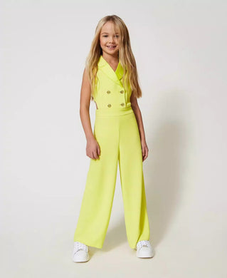 Twinset Tuta Giallo Fluo in crêpe e Raso con Cut-out
