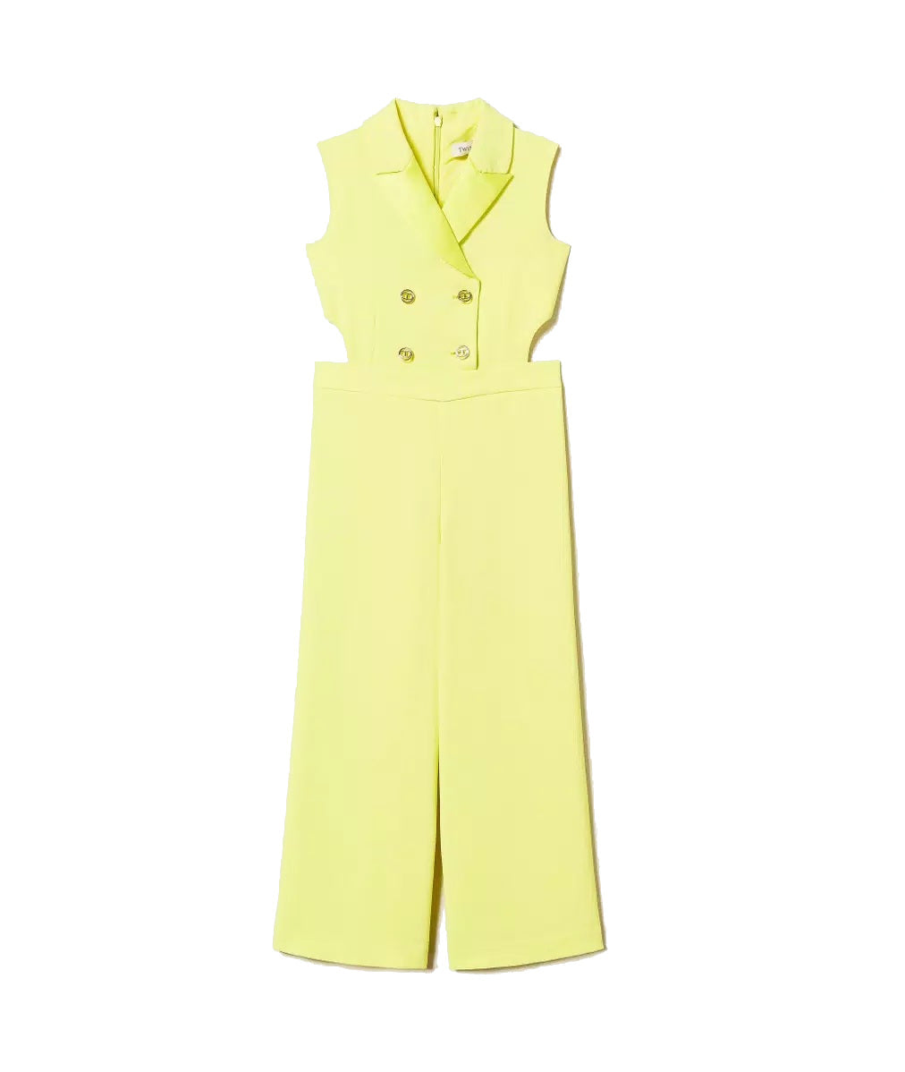 Twinset Tuta Giallo Fluo in crêpe e Raso con Cut-out
