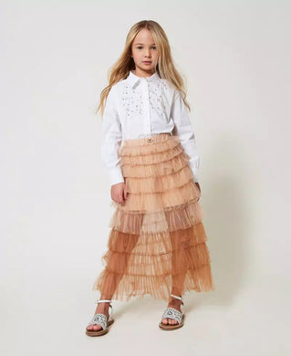 Twinset Gonna Lunga in Tulle a Balze Beige