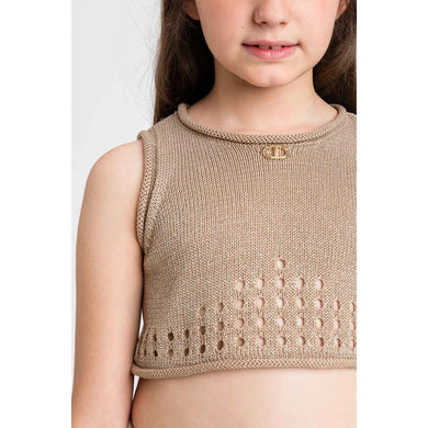 Twinset Top Beige Girocollo in Filato Traforato con Dettegli Glitterati