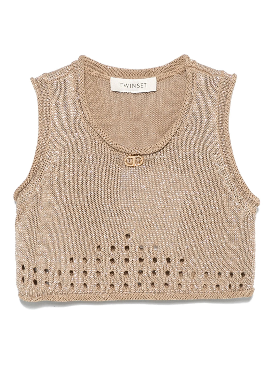 Twinset Top Beige Girocollo in Filato Traforato con Dettegli Glitterati