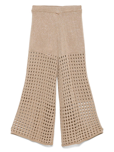 Twinset Pantalone Beige in Filato Traforato con Dettagli Glitterati