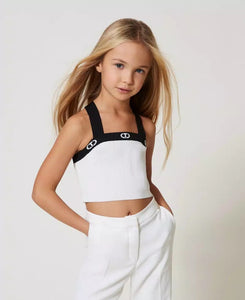 Twinset Top Corto in Maglia a Coste Bianco e Nero