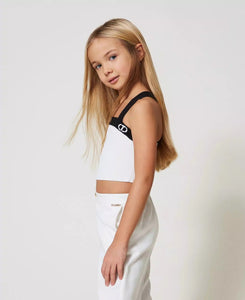 Twinset Top Corto in Maglia a Coste Bianco e Nero
