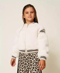 TWINSET Bomber in faux fur con costine rigate
