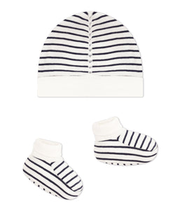 PETIT BATEAU Confezione con cuffietta e babbucce a righe bebè