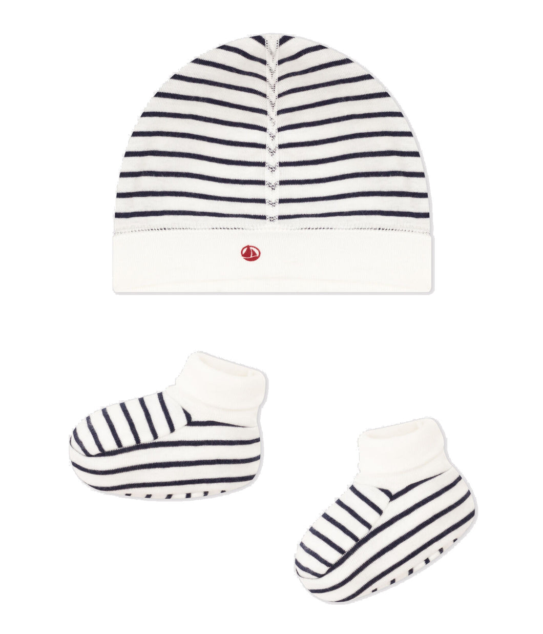 PETIT BATEAU Confezione con cuffietta e babbucce a righe bebè