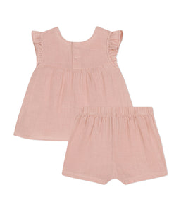 PETIT BATEAU completo blusa e shorts bebè in garza di cotone rosa