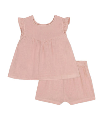 PETIT BATEAU completo blusa e shorts bebè in garza di cotone rosa