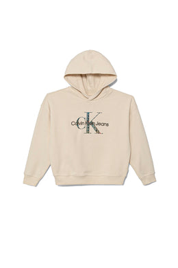 Calvin Klein Jeans Felpa Beige con Cappuccio e Stampa Logo Davanti