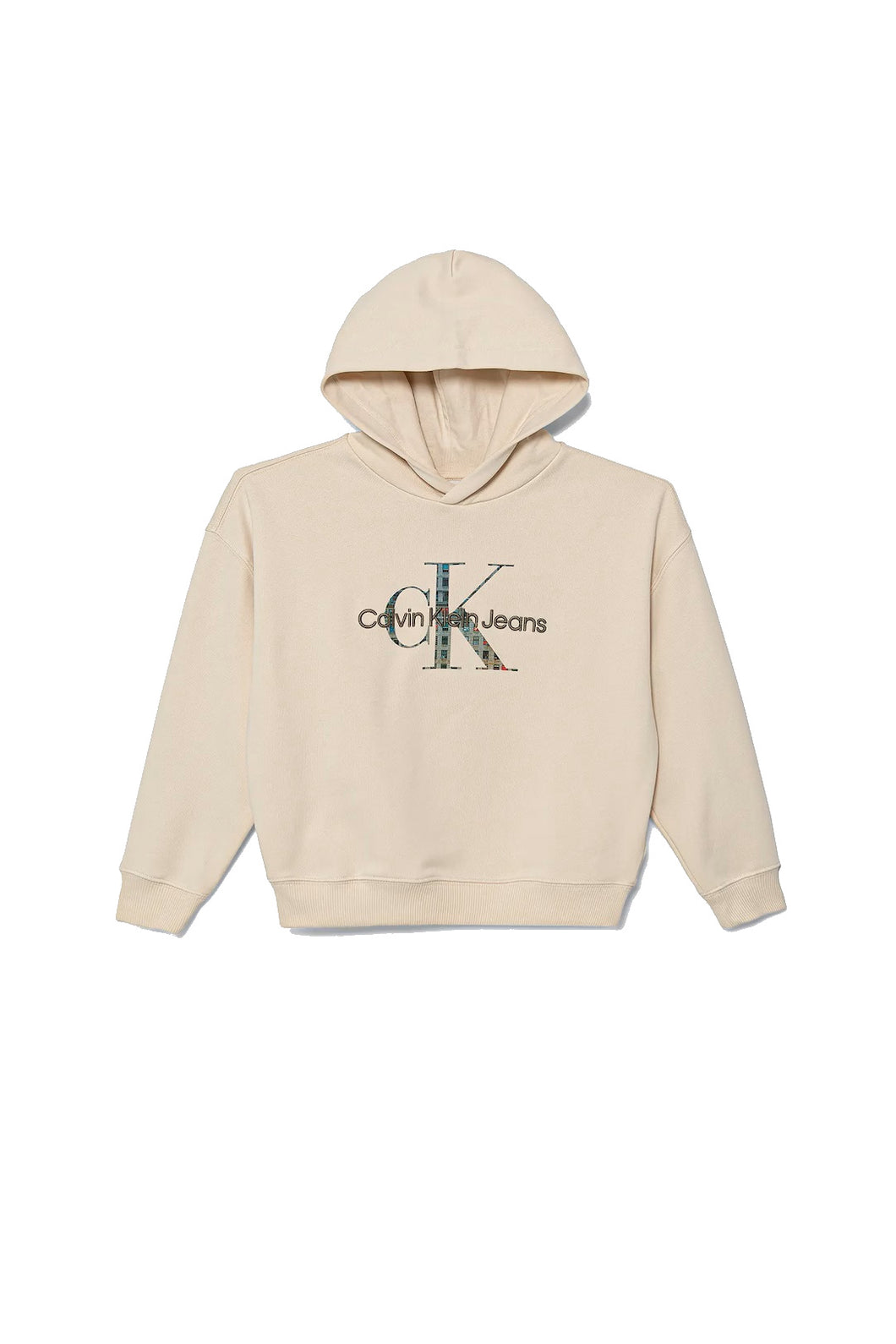 Calvin Klein Jeans Felpa Beige con Cappuccio e Stampa Logo Davanti