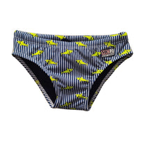 Carica l&#39;immagine nel visualizzatore di Gallery, Costume Slip bambino, Saint Barth righe bianche blu Stampa Squali Giallo Fluo