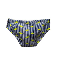 Carica l&#39;immagine nel visualizzatore di Gallery, Costume Slip bambino, Saint Barth righe bianche blu Stampa Squali Giallo Fluo