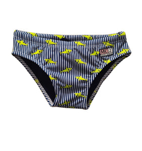 Costume Slip bambino, Saint Barth righe bianche blu Stampa Squali Giallo Fluo