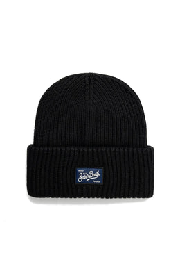 Mc2 Saint Barth Cappello a Coste in Maglia Nero Berry con Toppa Saint Barth