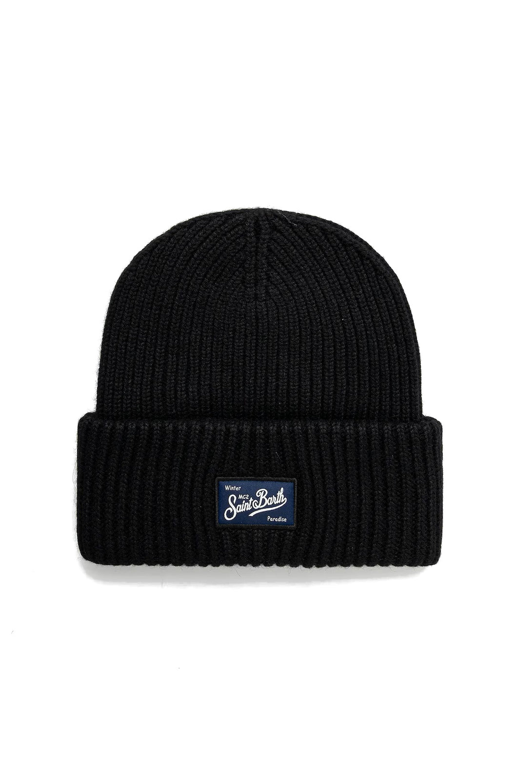 Mc2 Saint Barth Cappello a Coste in Maglia Nero Berry con Toppa Saint Barth