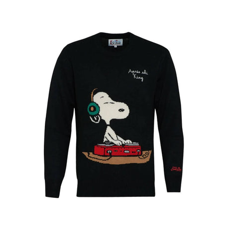 Mc2 Saint Barth Maglia Douglas Girocollo Nera con Ricamo Snoopy DJ sul Davanti