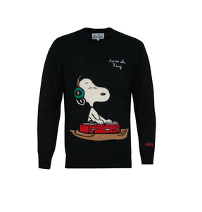 Mc2 Saint Barth Maglia Douglas Girocollo Nera con Ricamo Snoopy DJ sul Davanti