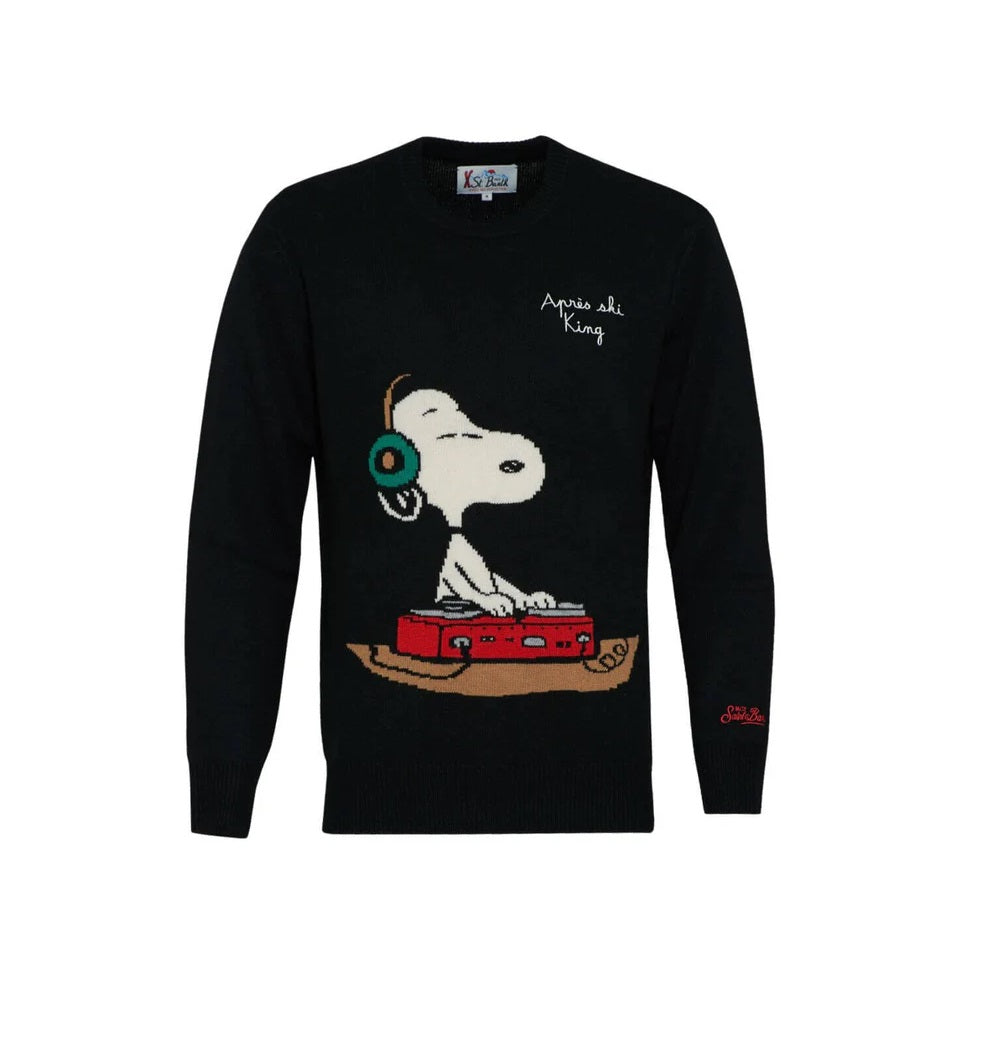 Mc2 Saint Barth Maglia Douglas Girocollo Nera con Ricamo Snoopy DJ sul Davanti