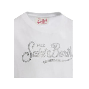 Mc2 Saint Barth T-Shirt Girocollo da Bambina Elly in Jersey di Cotone Bianco con Ricamo di Strass Saint Barth