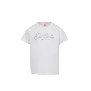 Mc2 Saint Barth T-Shirt Girocollo da Bambina Elly in Jersey di Cotone Bianco con Ricamo di Strass Saint Barth