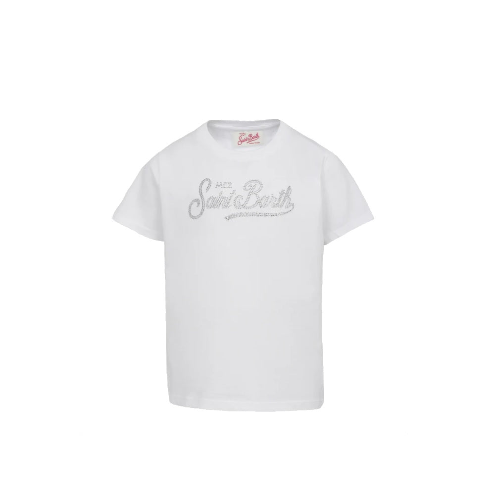 Mc2 Saint Barth T-Shirt Girocollo da Bambina Elly in Jersey di Cotone Bianco con Ricamo di Strass Saint Barth