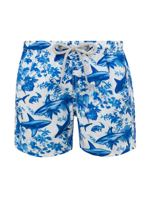 Saint Barth Mc2 Costume Boxer Mare Jean Bianco Stampa Squali Blu