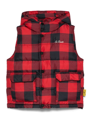 Mc2 Saint Barth Gilet in Piumino Klosters Motivo Check Rosso Nero con Stampa sul Dietro