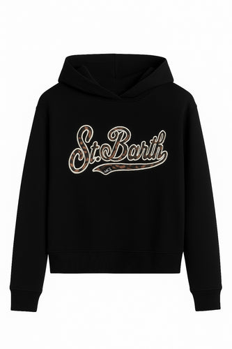 Mc2 Saint Barth Felpa Mindy Nera con Cappuccio e Logo St. Barth Leopardato