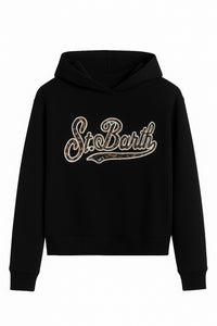 Mc2 Saint Barth Felpa Mindy Nera con Cappuccio e Logo St. Barth Leopardato