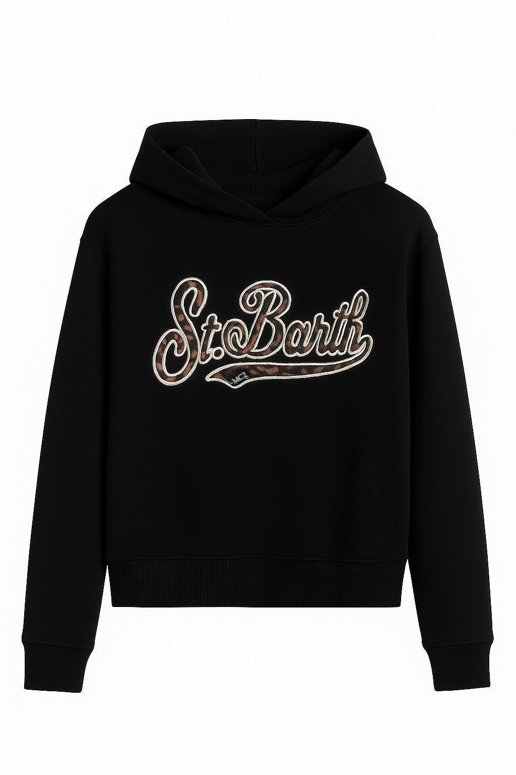 Mc2 Saint Barth Felpa Mindy Nera con Cappuccio e Logo St. Barth Leopardato
