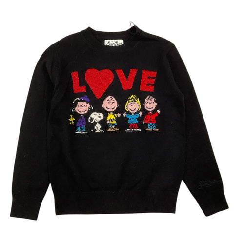 Mc2 Saint Barth Maglia Girocollo Nera con Ricamo Peanuts sul Davanti e Scritta Love in Lurex Rosso
