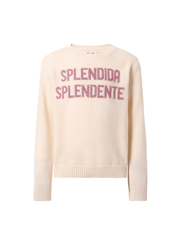 Mc2 Saint Barth Maglia Girocollo Panna con Scritta Slendida Splendente in Lurex Rosa
