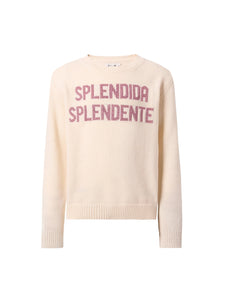 Mc2 Saint Barth Maglia Girocollo Panna con Scritta Slendida Splendente in Lurex Rosa