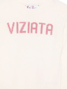 Mc2 Saint Barth Maglia Girocollo Panna da Bambina con Scritta ''Viziata'' in Lurex