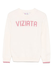 Mc2 Saint Barth Maglia Girocollo Panna da Bambina con Scritta ''Viziata'' in Lurex