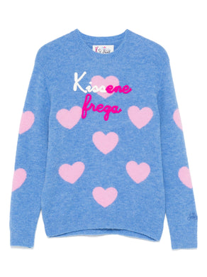 Mc2 Saint Barth Maglia Girocollo Azzurra da Bambina con Stampa Cuori Rosa e Ricamo Kissene Frega