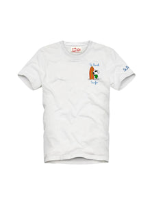 Mc2 Saint Barth T-Shirt Bianca Stampa con Stampa Snoopy e Ricamo St. Barth Surfer