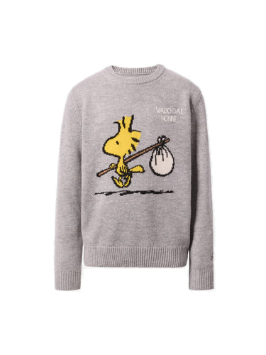 Mc2 Saint Barth Maglia Girocollo Grigia con Ricamo Peanuts sul Davanti e Scritta Vado dai Nonni