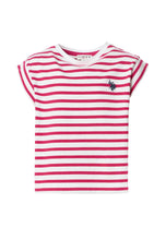 Load image into Gallery viewer, U.S. POLO ASSN T-shirt a righe bianche e fucsia in cotone stretch con ricamo Double Horsemen - Junior &amp; Co.it