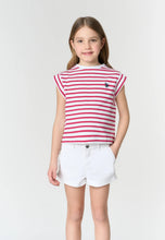 Load image into Gallery viewer, U.S. POLO ASSN T-shirt a righe bianche e fucsia in cotone stretch con ricamo Double Horsemen - Junior &amp; Co.it