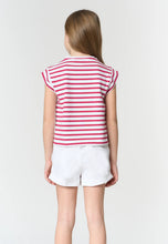 Load image into Gallery viewer, U.S. POLO ASSN T-shirt a righe bianche e fucsia in cotone stretch con ricamo Double Horsemen - Junior &amp; Co.it