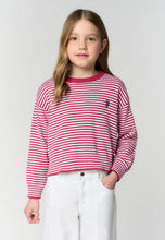 Load image into Gallery viewer, U.S. POLO ASSN Maglia per bambine e ragazze in cotone a righe bianche e fucsia con vestibilità crop