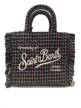 Carica l&#39;immagine nel visualizzatore di Gallery, Mc2 Saint Barth Borsa Vanity Mini Tweed Shiny in lana nera con fantasia multicolore Dimensioni: 20 x 19 x 10 cm