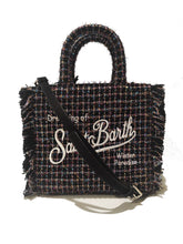 Carica l&#39;immagine nel visualizzatore di Gallery, Mc2 Saint Barth Borsa Vanity Mini Tweed Shiny in lana nera con fantasia multicolore Dimensioni: 20 x 19 x 10 cm