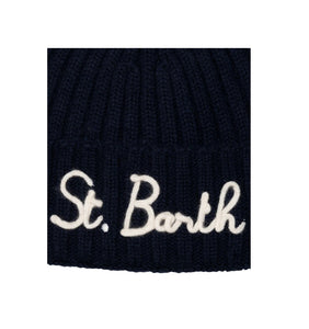 Mc2 Saint Barth Cappello Blu Wengen con Pompon e Ricamo St. Barth Panna