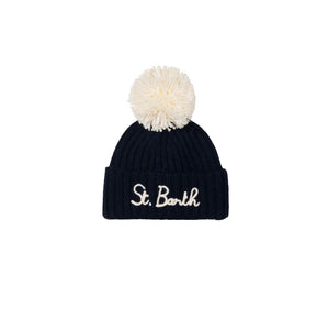 Mc2 Saint Barth Cappello Blu Wengen con Pompon e Ricamo St. Barth Panna